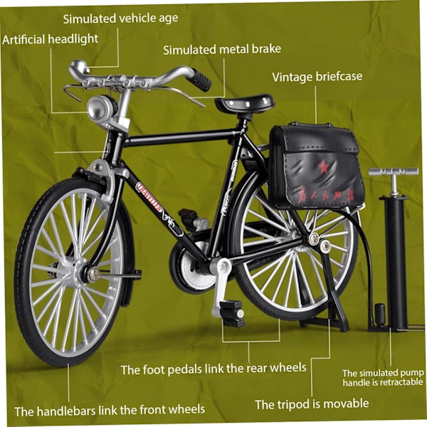 Cykel DIY-modell i skala, 51 delar 1:10 Simuleringsmodell i retro-legering, Mini-modell i järnkonst med pump och portfölj, Bordsprydnad
