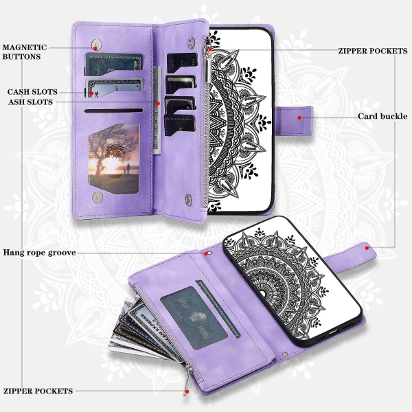 For Nokia X30 5g Mandala Flower Preget Pu Leather Case Magnetisk lås Multi Card Slot Beskyttende deksel med glidelås lommebok og håndleddsstropp Purple