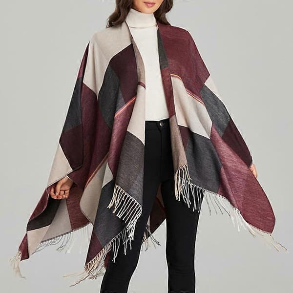 Poncho-kapper med kvast Klassisk sjal-omslag Cardigans Løs åben front Elegant tæppe til kvinder E