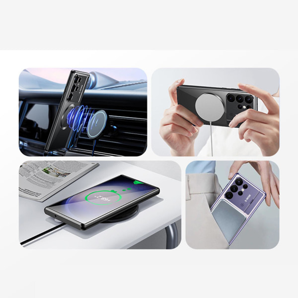 Deksel til Samsung Galaxy S24 Ultra med kamera usynlig stativ, kompatibel med Magsafe, 360 graders beskyttelse Magnetisk metallstøtfanger bak PC-deksel silver S24 Ultra