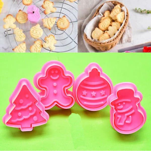 4 stk./sett Julekakekjeks Stempel Kutter Form Fondant Kakeform Baking Pink 1 Set