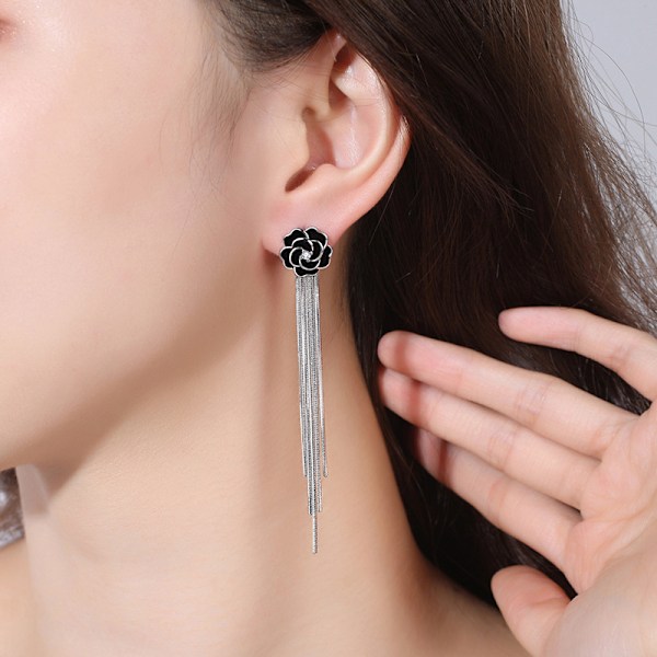 925 Sterling Sølv Sorte Rose Tassel Lange Øreringe til Kvinder Forlovelses Smykker Gave