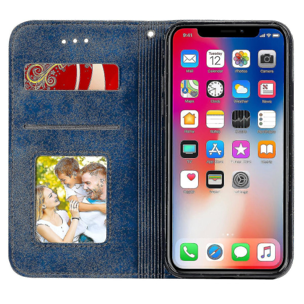 Kompatibel med iPhone X/XS Etui Læder Magnetisk Flip Folio Cover Tegnebog blue