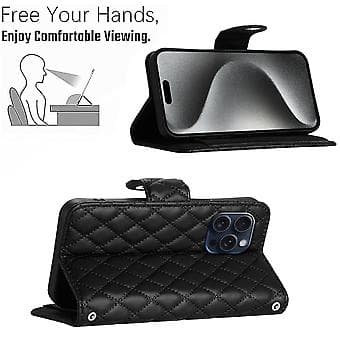 For iPhone 13 Pro Rhombus Pattern Flip Leather Phone Case with Lanyard Black