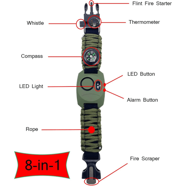 8-i-1 handledslarm Paracord Survival Armband Självförsvar Emergency Security Survival Tool med Sos Led Ficklampa Perfekt för alla utomhus Spot