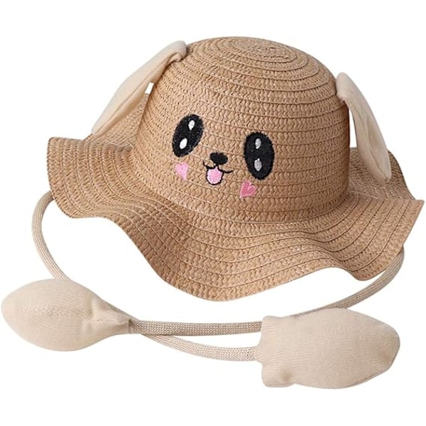 Kids Straw Sun Hat Girls Breathable Wide Brim Summer Bucket Hat with Jumping Rabbit Ear Sun Protection Beach Hat for Travel & Outdoor Activities