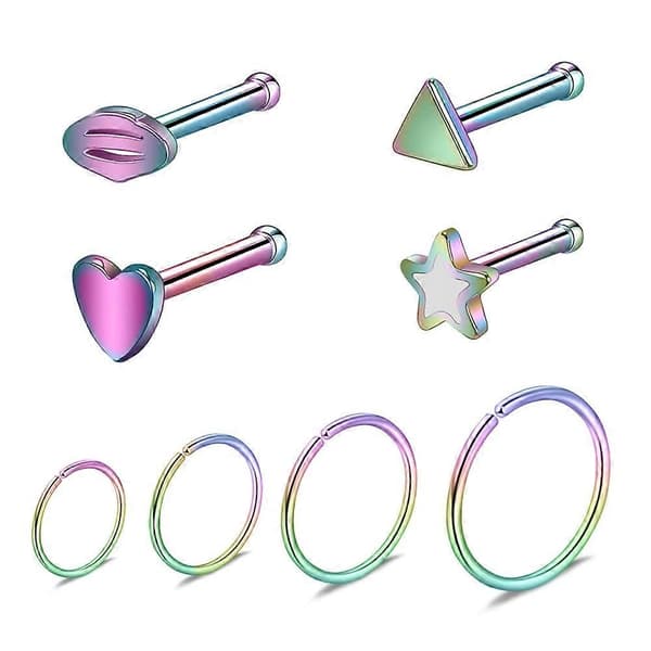 8 stk/sæt 20G Næseringe Søde Næsestifter Regnbue Næsebor Piercing Næseben Stud Rainbow