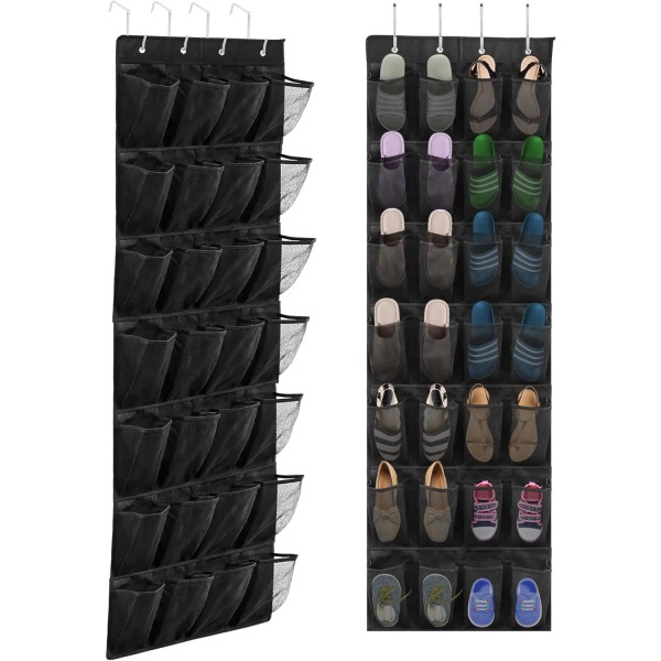 Oven yläpuolella kenkäsäilytys, riippuva kenkäteline, jossa on 28 suurta mesh ja 4 metallikoukkua (musta)