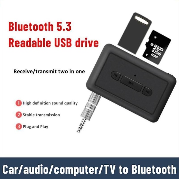 3 i 1 bil Bluetooth 5.3 mottaker sender adapter TX/RX 3,5 mm jack A2DP trådløs lyd AUX adapter for TV bilstereo musikkspiller håndfri headset black