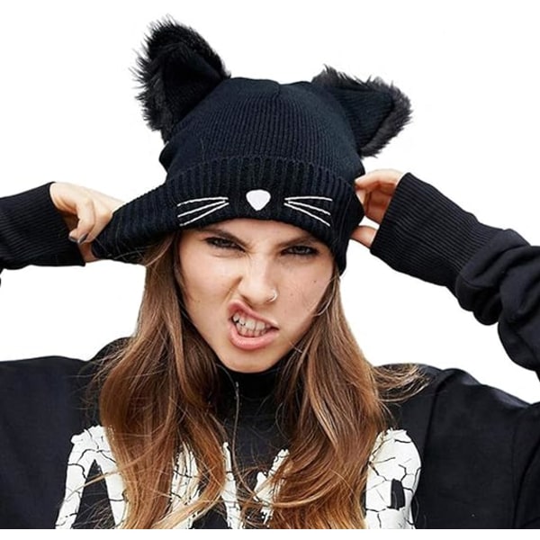 Women Girls Cat Ears Beanie Hat Winter Warm Knitted Ski Hat Black