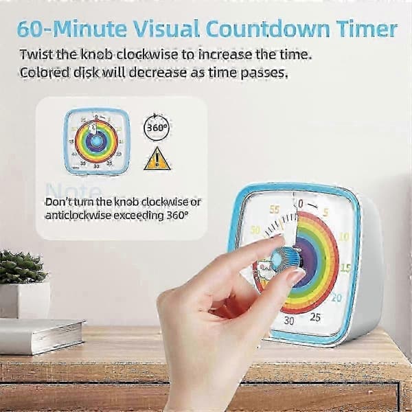 60-minutters visuel timer med natlys og nedtællingsfunktion, Pomodoro-timer i regnbuemønster