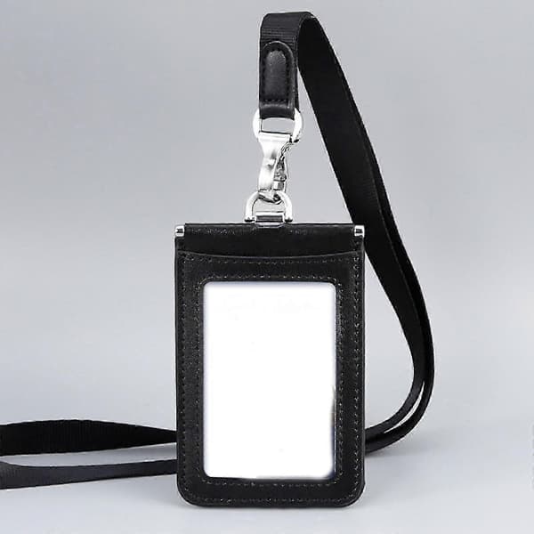 Leather ID Card Holder with Detachable Lanyard for Office Use Black Vertical
