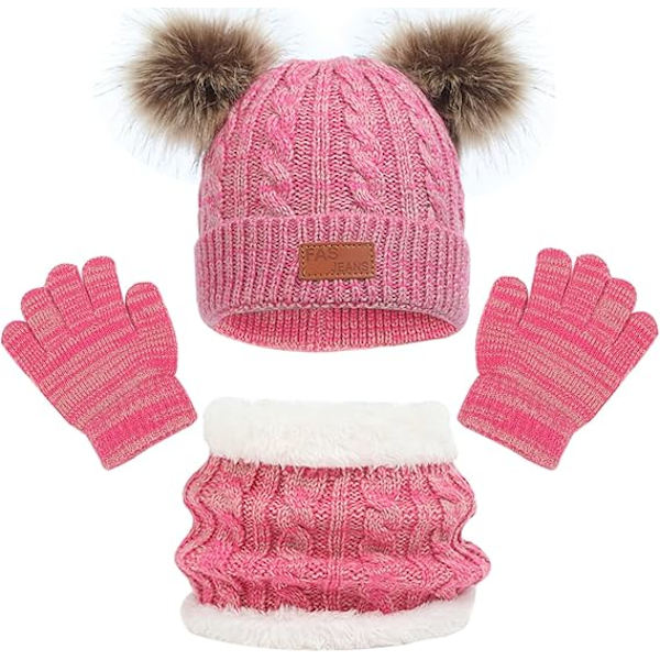 Barn Vintermössa Halsduk Vantar Set, Termisk Stickad Pom Pom Mössa Halsduk Vantar Set med Fleecefoder för Pojkar och Flickor 2-8, Barn Vinter