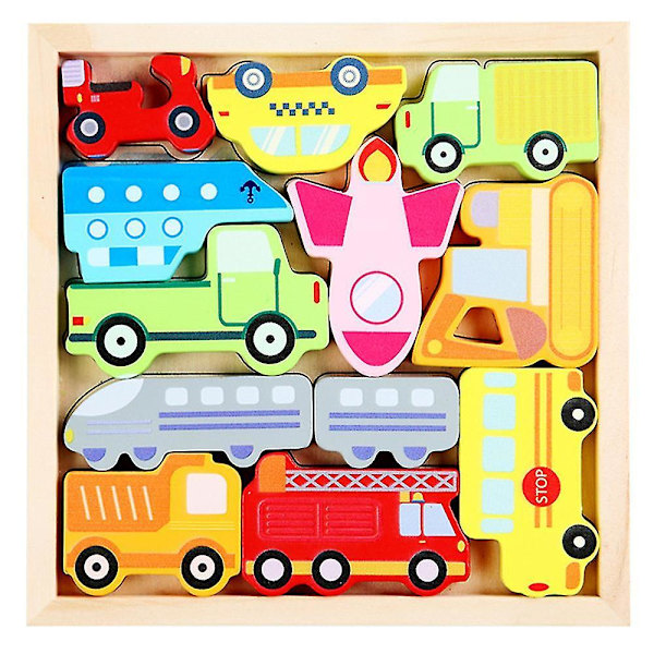 Träpussel byggsten Tecknad djur Kreativt temabräde Jigsaw Game Tidig pedagogisk leksak Vehicles