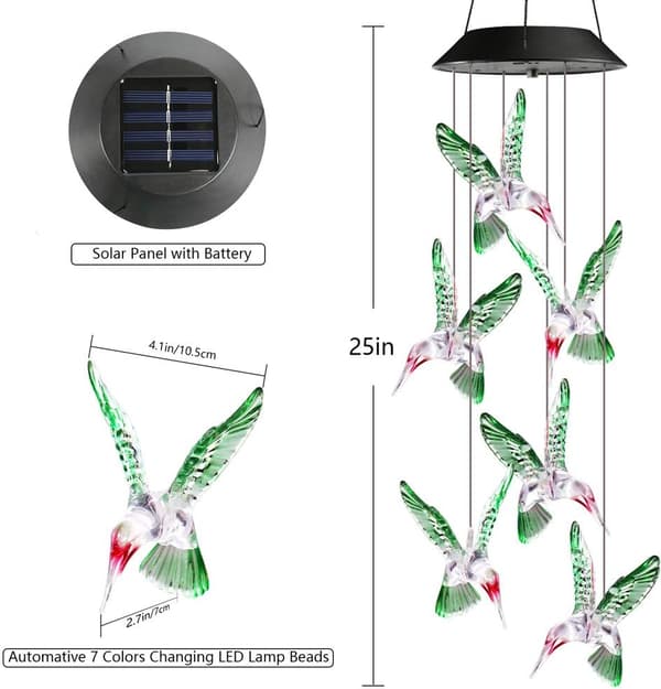 Udendørs solcellelamper, solcelle vindspil med farveskiftende kolibri