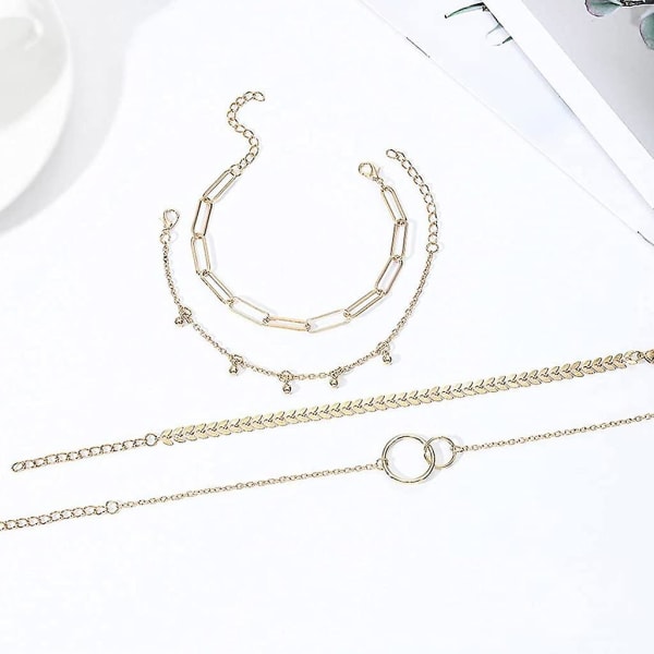 Set av 4 guldpärlor armband med cirkel och blad justerbar kedja för kvinnor