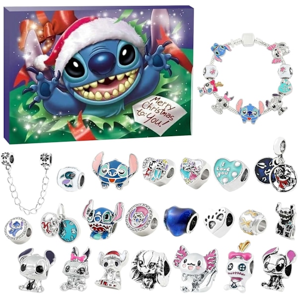 Stitch Adventskalender 2024 Jul Julenissar Söt Cartoon Mode Jul med Armband DIY Armband Kit 24 Dagar Jul Nedräkning Kalender Smycken Present B