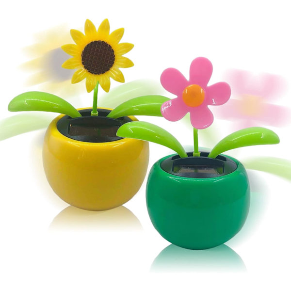 Solros som dansar på solenergi, plastblommor som dansar på solenergi, skakande huvud, bilprydnader, solcellsbil, leksak för bil, kontor, skrivbordsdekoration (2 stycken)