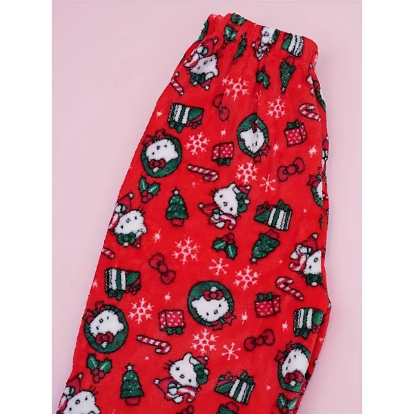 Cartoon KT katt pyjamas tjocka damer höst och vinter plus sammet varm fritids hem graffiti flanell byxor red M