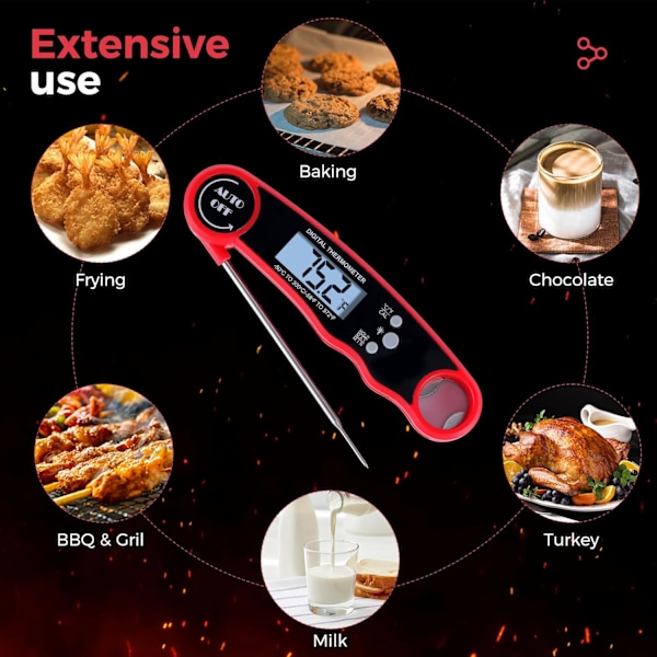 Digitalt Kjøtttermometer – Raskt Instant Read Mattermometer for Matlaging, Grill, BBQ, Baking, Steking, Sukkerkoking, Vanntett (Rød)