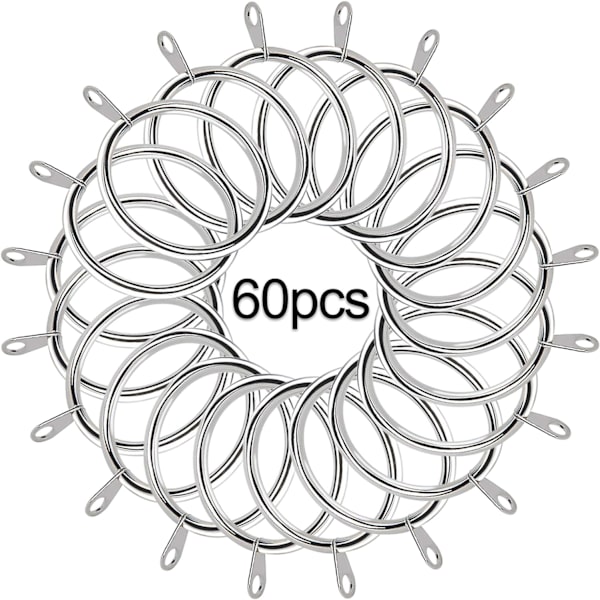 MoonSing Metallgardinringar, 60 st Silver Hängande Ringar Draperiglidande Ögla med Fast Öga för Gardinstångsstång Voile Nät, 37 mm Innerdiameter