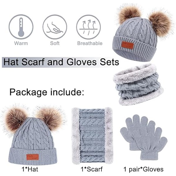 Barne Vinterlue Hette Skjerf Hansker Sett 3 i 1, 3Pcs Strikket Varm Småbarn Vinterlue Hansker Halsvarmer for Gutter Jenter 1-6 År, Vintertilbehør Sett