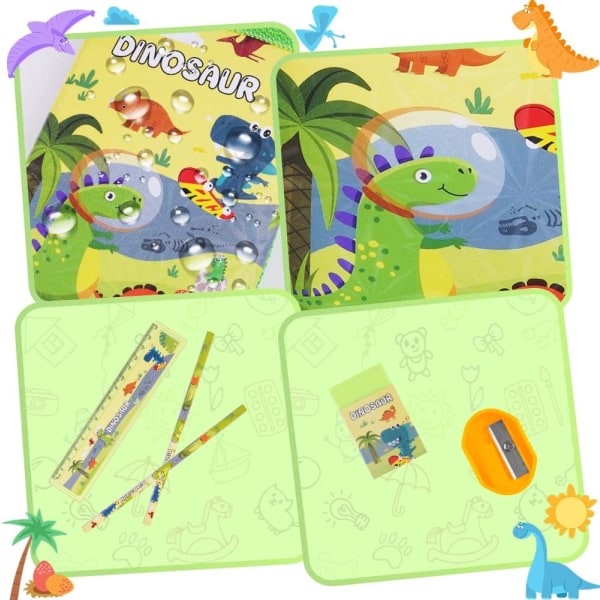 Dinosaur skrivesaker, skrivesaker gavesett, inkluderer 2 stk blyantveske, linjaler, viskelær, skarper og myntpung