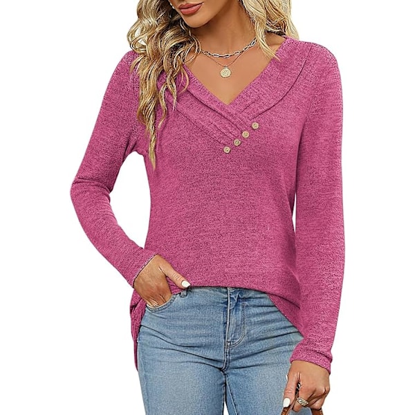 Kvinners langarmede T-skjorter Casual Myk Lett Bluser Tunika Topper V-hals Genser Pullover Knappelukking Topper, S-XXL Pink XXL