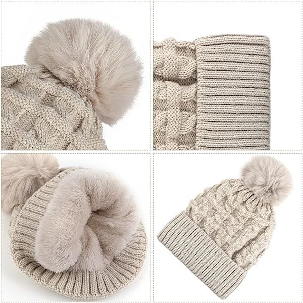 Naisten pompom-hattu, talvinen pipohattu, lämpövuorellinen fleece-hattu, naisten neulotut villahatut tekoturkispompomilla Beige