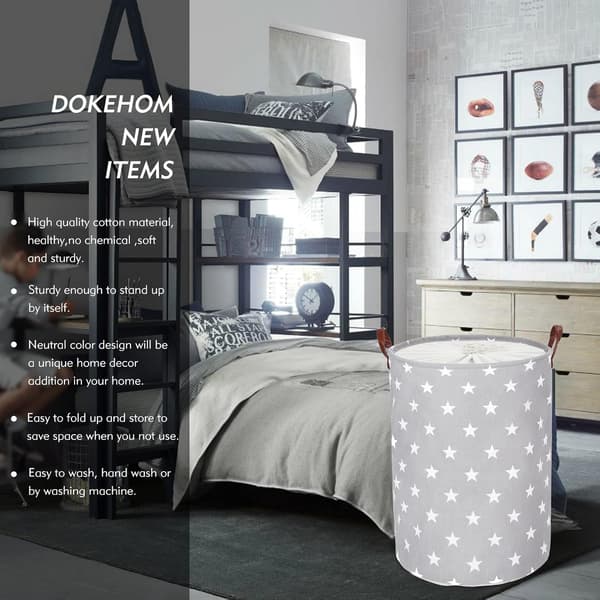 Freestanding Laundry Hamper with Lid, 19 inch, Foldable Large Laundry Basket with Drawstring and Leather Handles