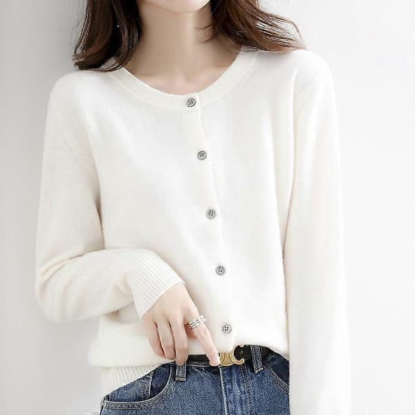 Vår Høst Kvinner Langermet Topp Cardigans Genser O-hals Strikket Kasjmir Cardigans Solid Enkeltspent Damegensere white L