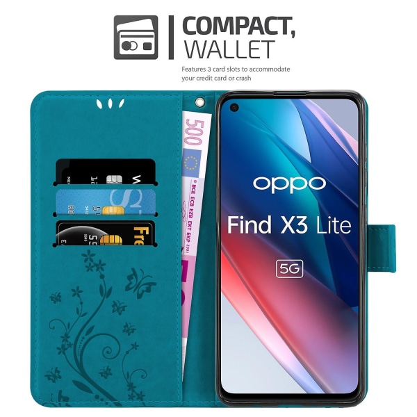 Oppo FIND X3 LITE -kännykän kotelo - kukkakuvio, jalusta ja korttipaikat FLORAL BLUE FIND X3 LITE