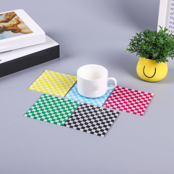 Retro Checkerboard Coaster Fine Workmanship Stylish Acrylic Heat Insulated Table Protector Home Decoration Rose red  White Square