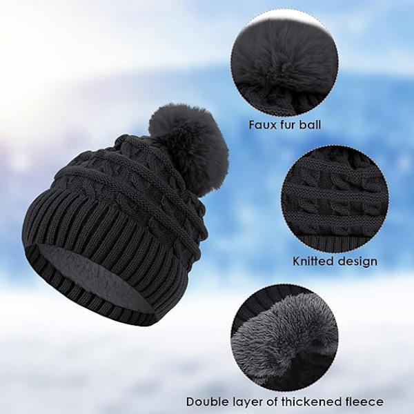 Naisten pompom-hattu, talvinen pipohattu, lämpövuorellinen fleece-hattu, naisten neulotut villahatut tekoturkispompomilla Black
