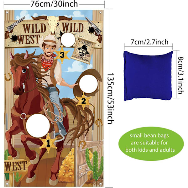 Lännen Cowboy Toss -peli 3 papupussilla, hauska lännenpeli lapsille ja aikuisille lännen teemaisia aktiviteetteja Cowboy-koristeita ja -tarvikkeita