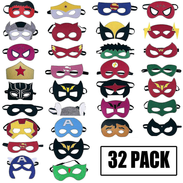 Superheltmasker Party Favors For Kid (32 pakker) Filt og Elastisk - Superhelter Bursdagsfest Masker med 32 forskjellige typer perfekt for barn--