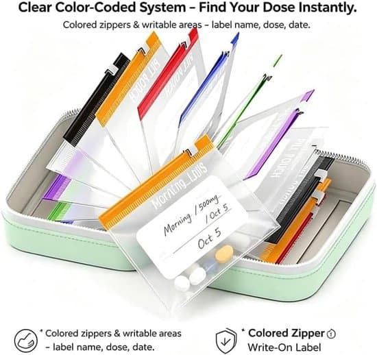 Waterproof Pill Pouch Set - 14-piece A8 Pill Organizer - 7-14 Day Medication - Unbreakable Case - Green - 1 Set