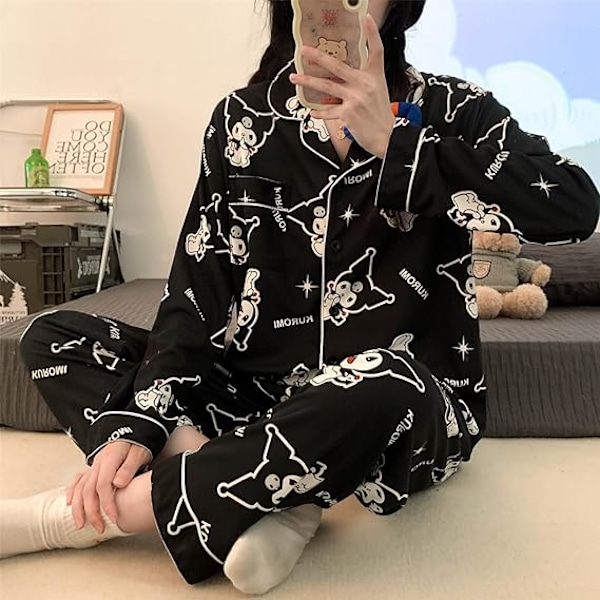 Langærmede pyjamas til kvinder cardigan bomuld ny stil tegneserie søde damer hjemme tøj sæt trendy Black Kuromi XXL