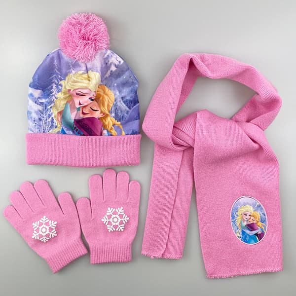 Varm och mjuk vintermössa, halsduk och handskar, flickstorlek Pink Ice and Snow A-Pattern Möss-set