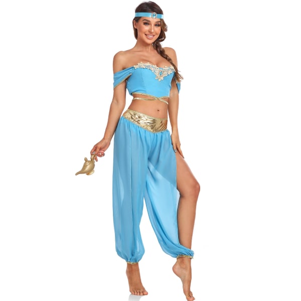 Sexig Aladdin Genie Lamp Jasmine Princess Kjole Cos Kläder Festival Fest Kostym Sky Blue L