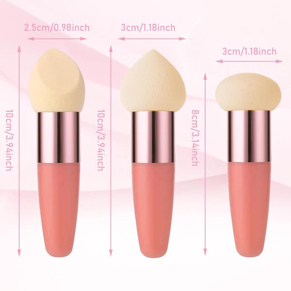Makeup Sponges, 3-Piece Beauty Blender Applicators with Handle, Angled Foundation Brushes for Face and Eyebrows (Rose Red)
