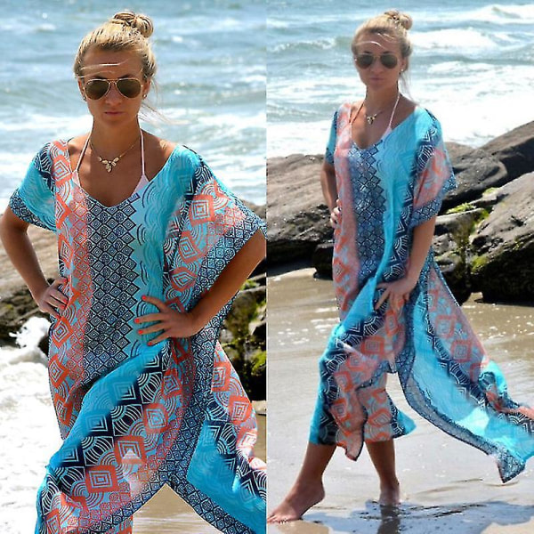 Boho Sommertrykk Strandkjole Kvinner Badedrakt Cover Ups Sarong Bikini Lang Kjole Pareo Tunika Capes Kaftan Coverup