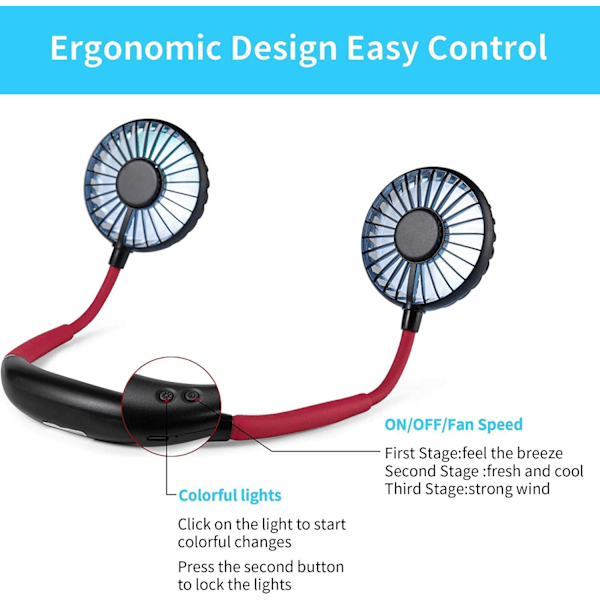 Bærbar nakkevifte, fargeskiftende LED, med aromaterapi, USB-oppladbart batteri med 3-trinns luftstrøm, innendørs utendørs sport (svart rød)