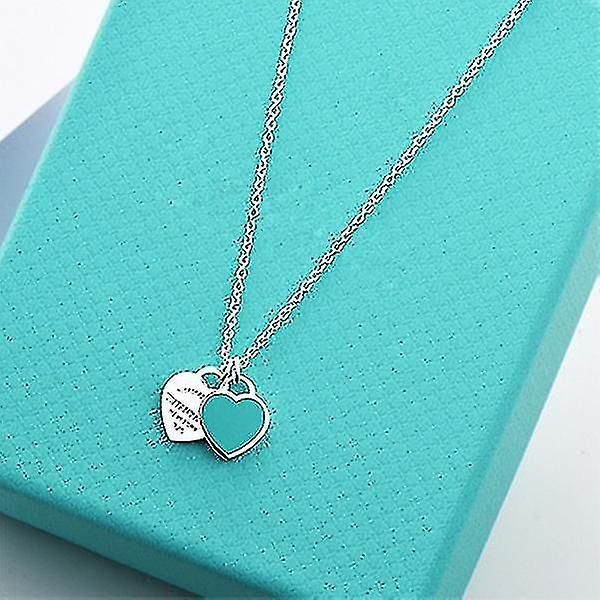 Klassiskt Tiffany-halsband Dubbelt hjärta Blått Silver 925 Hänge Blue