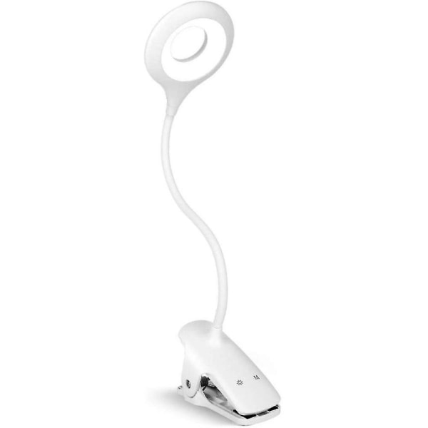 Trådløs leselampe for barn - Oppladbar USB-klemmelampe - Dimbar klemmelampe - Bokhylle Sengeklemmebelysning - 360 fleksibel svanehals (hvit)