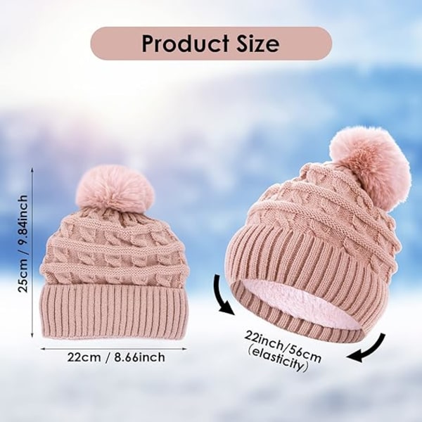 Naisten pompom-hattu, talvinen pipohattu, lämpövuorellinen fleece-hattu, naisten neulotut villahatut tekoturkispompomilla Pink