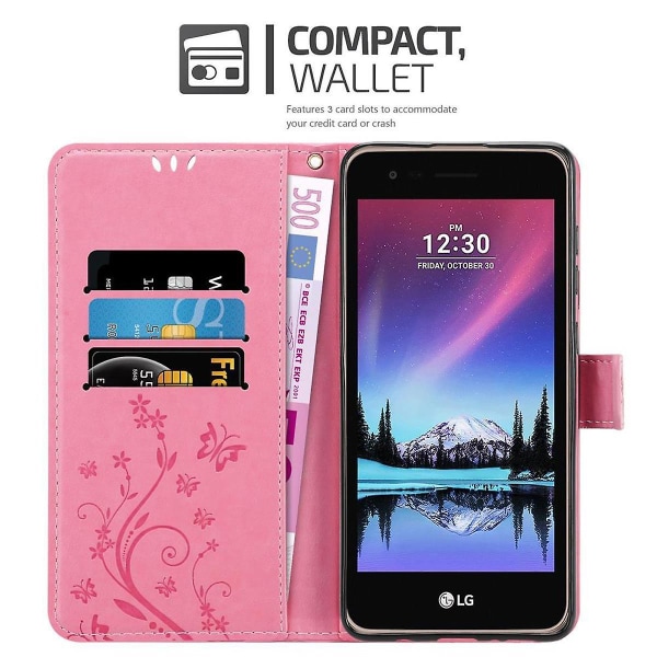 LG K4 2017 Handy Hülle Cover Case Etui - mit Blumenmuster och Standfunktion und Kartenfach FLORAL ROSA K4 2017