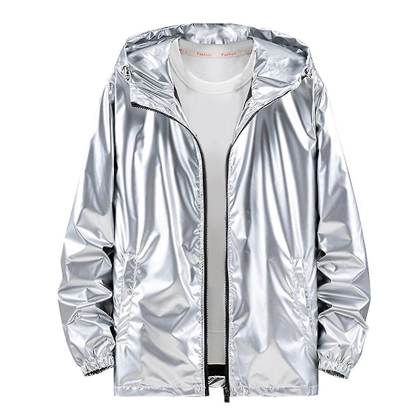 Sliktaa Miesten Kiiltävä Vedenpitävä Hupullinen Takki Silver 3XL