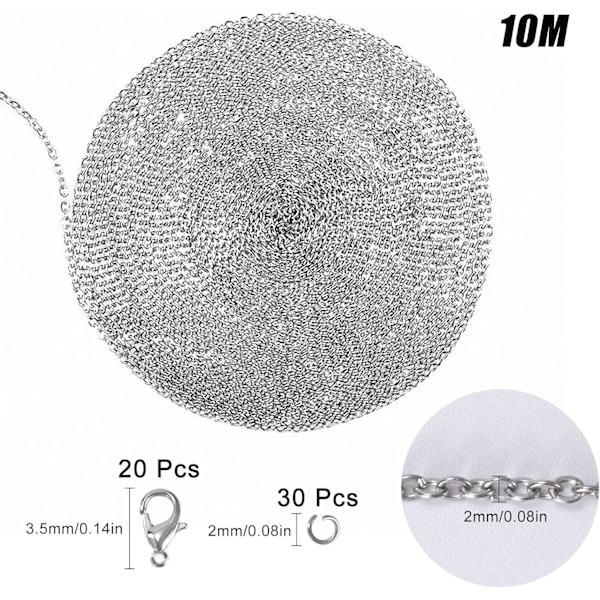 Halskjede for smykkefremstilling, 10 meter lenkekjede, rustfritt stålkjede med 30 hoppringer og 20 hummerlåser, 2 mm