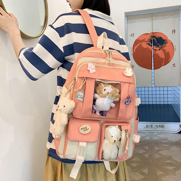 Canvas skolväska kombinationsset, Kawaii skolväska för tjejstudenter orange